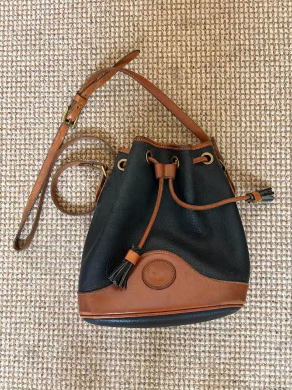 Vintage 90s Dooney & Bourke Crossbody, Bucket, Drawstring Bag, Black/Tan